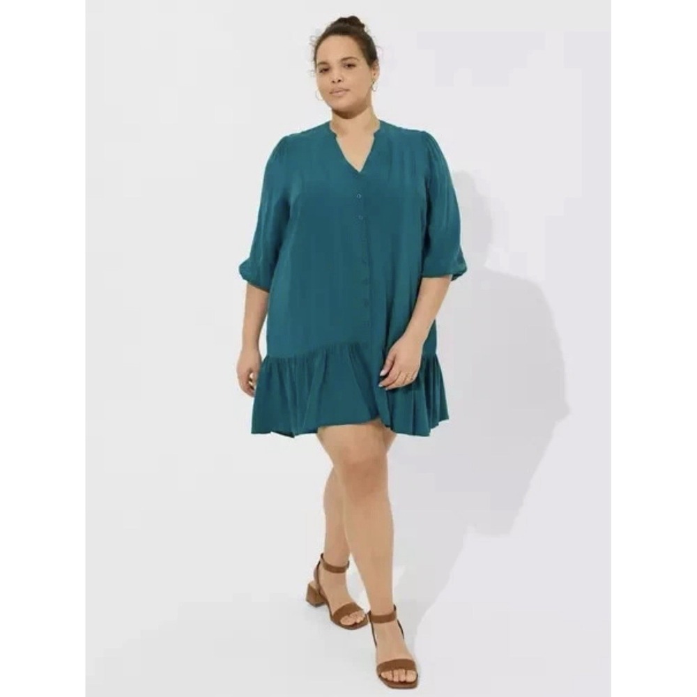 Torrid Mini Rayon Slub 3/4 Sleeve Trapeze Pleat Dress Plus Size 1 1X Gulf Coast